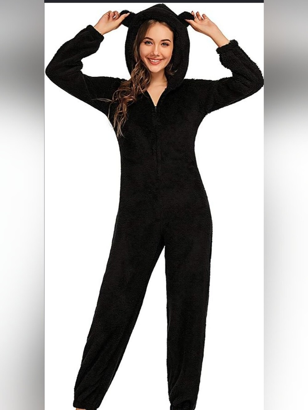 Women's Black Hooded Fleece Onesie Jumpsuit